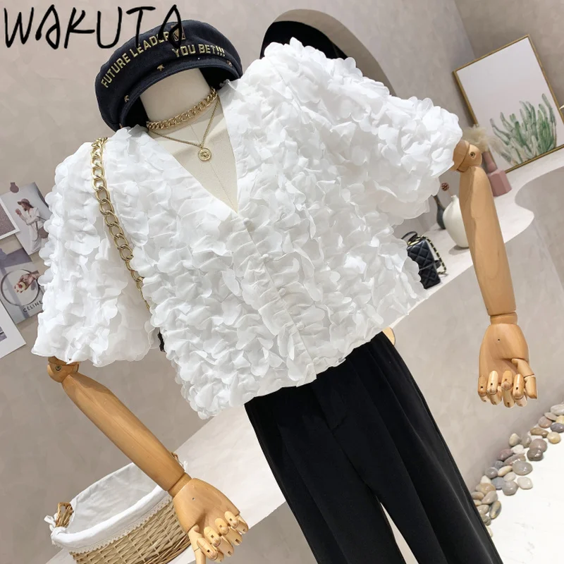 WAKUTA White Black Floral Three Dimensional Short Sleeve Shirts Blouses Women Summer 2024 Korean Style Elegant Loose V Neck Tops