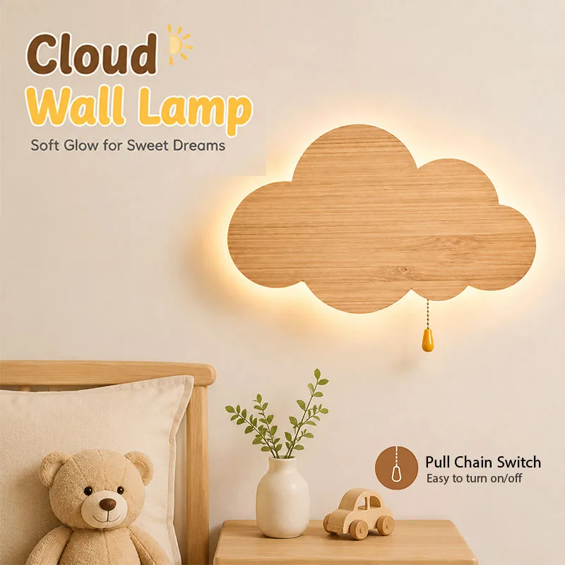 Wood Grain Cloud Wall Lamp Children's Room Wall Lamp with Dimmer Switch LED Wall Light Room Bedroom Bedside Wall Lights