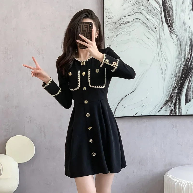 Elegant High-End Feel Black Dress Tweed Style Women's Autumn Collection Waist-Fitted Vintage Slimming Socialite Style Dress