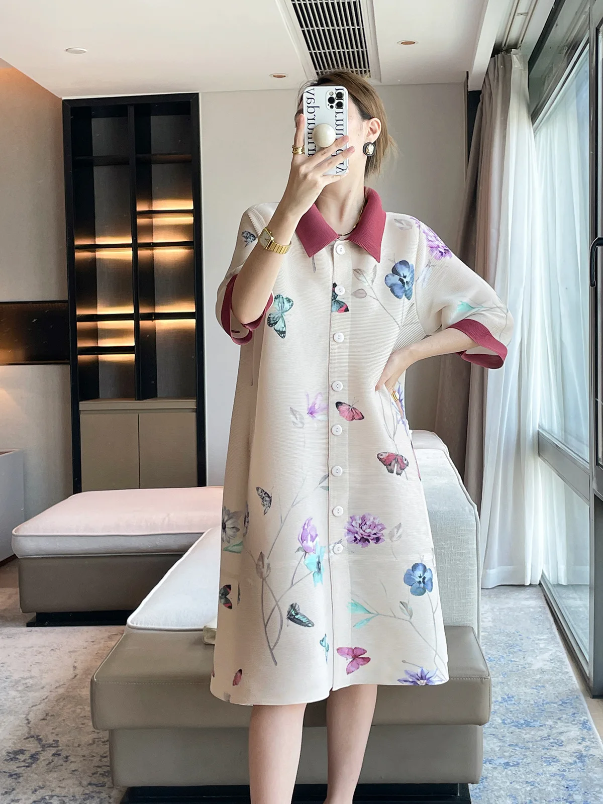 

Pleated 2023 Autumn New Chinese Style Butterfly Print National Style Vintage Dress Elegant Loose Slimming