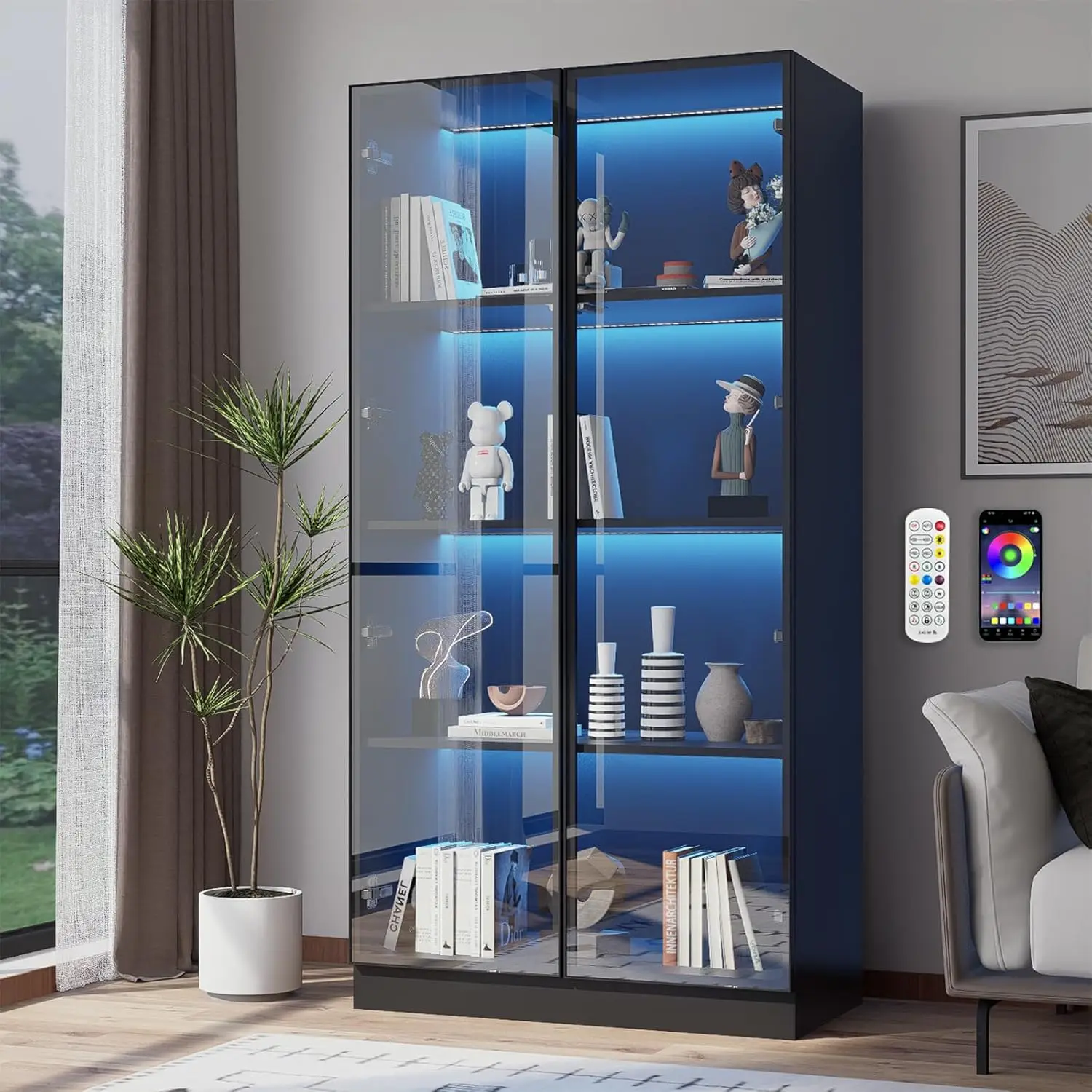 

Glass Display Cabinet with LED Lights, Display Case Bookcase with 4-Tier Shelves, Curio Cabinet with 2 Glass Doors, Storage