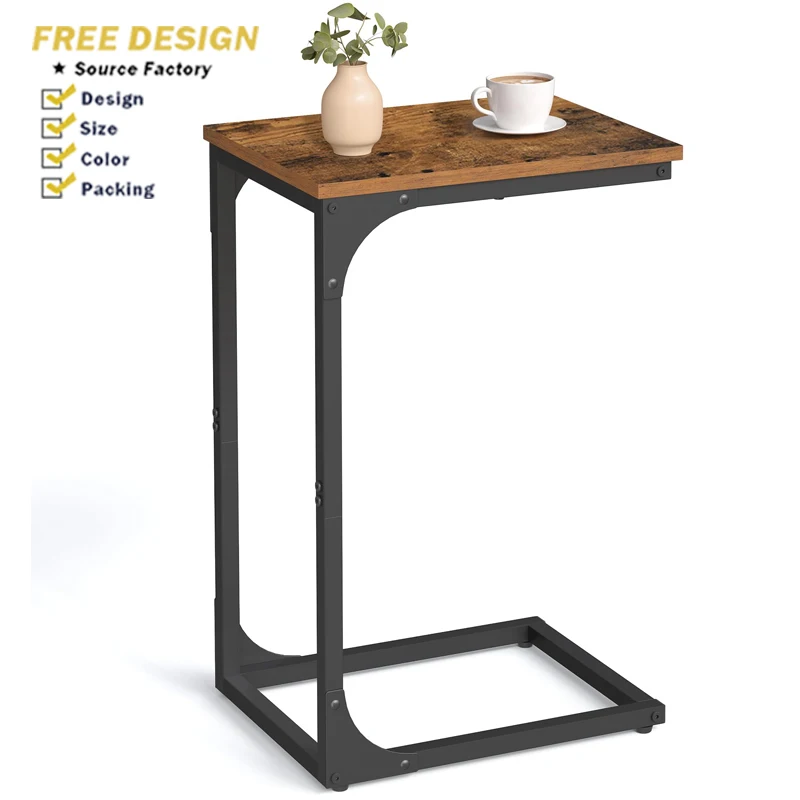 Rustic Multifunctional C-Shape Small Table Couch Living Room Wooden Console Table Side Small Entryway Metal Frame Sofa Table
