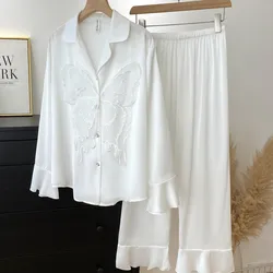 Lapel Pijamas Suit Women Lace Butterfly Applique Pajamas Set Shirt Pants Sleepwear Spring Satin Nightsuits Home Clothes