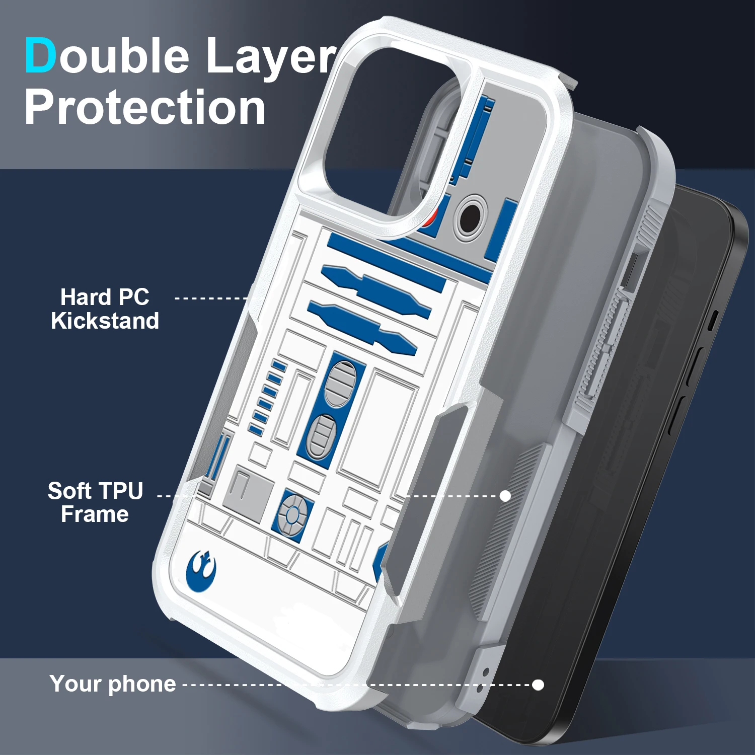 Case For IPhone SE2 XS XR 11 12 13 14 15 16 Plus Pro Max R2D2 Astronaut Robot Dual Layer Shock-Absorption Protective Cover