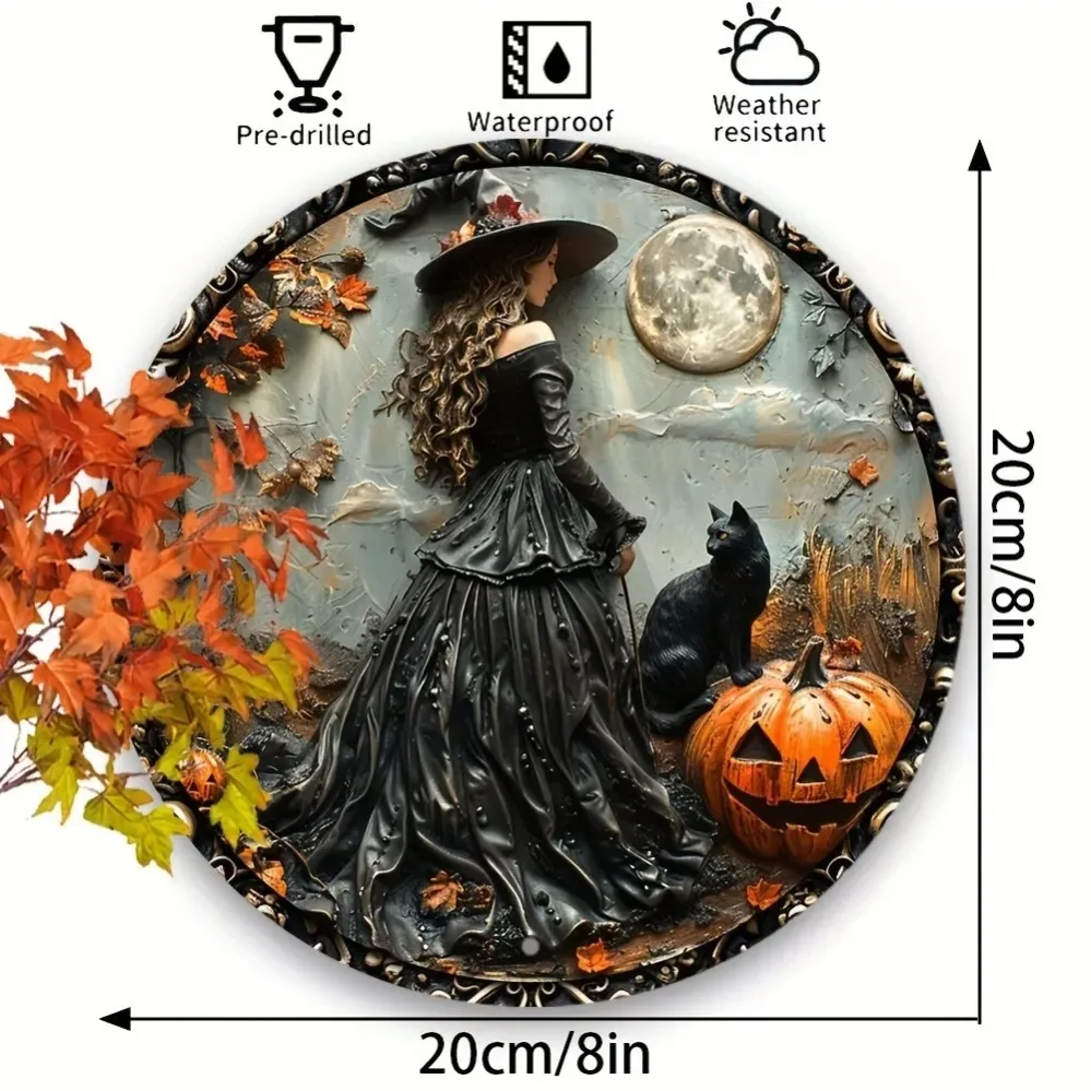 Pre-Drilled Gothic Witch & Black Cat Wooden Wall Art – Spooky, Electricity-Free Decor Ideal for Home, Office & Party Spaces