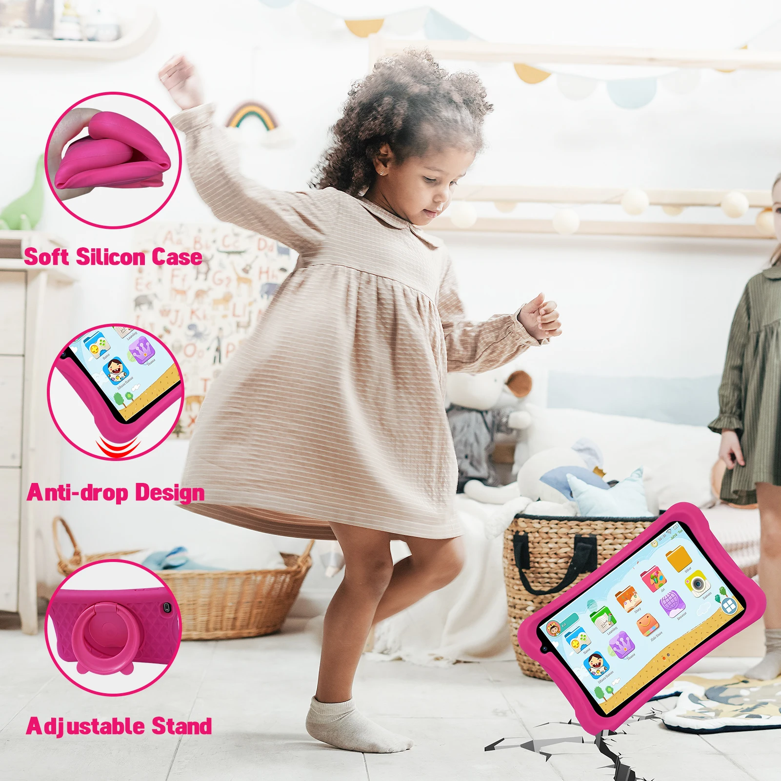 تابلت PRITOM للأطفال مقاس 8 بوصات يعمل بنظام Android، وذاكرة وصول عشوائي 2 جيجابايت + ذاكرة قراءة فقط 64 جيجابايت، رباعي النواة، وكاميرا WiFi مزدوجة، وبلوتوث، وكمبيوتر لوحي للأطفال الصغار