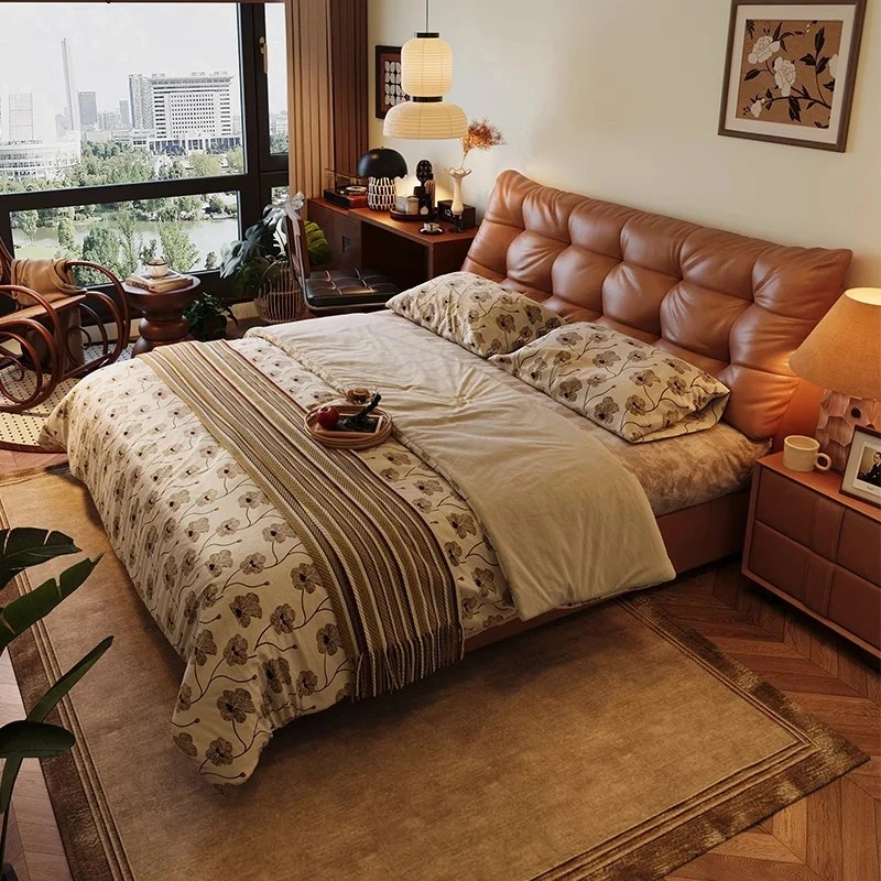 

American cowhide bed, solid wood retro bed, master bedroom 1.8 meters soft bag soft rest