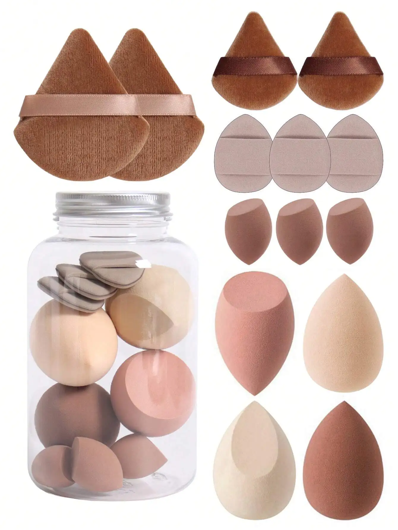 

14pcs/Set Makeup Sponge With Storage Container, Includes 2pcs Triangle Loose Powder Puff, 2pcs Mini Triangle Loose Powder Puff, 3pcs Mini Air Cushion Powder Puff, 4pcs Beauty Egg And 3pcs Mini Beauty Egg. Made Of Ultra-Soft Velvet, Specially Designed For