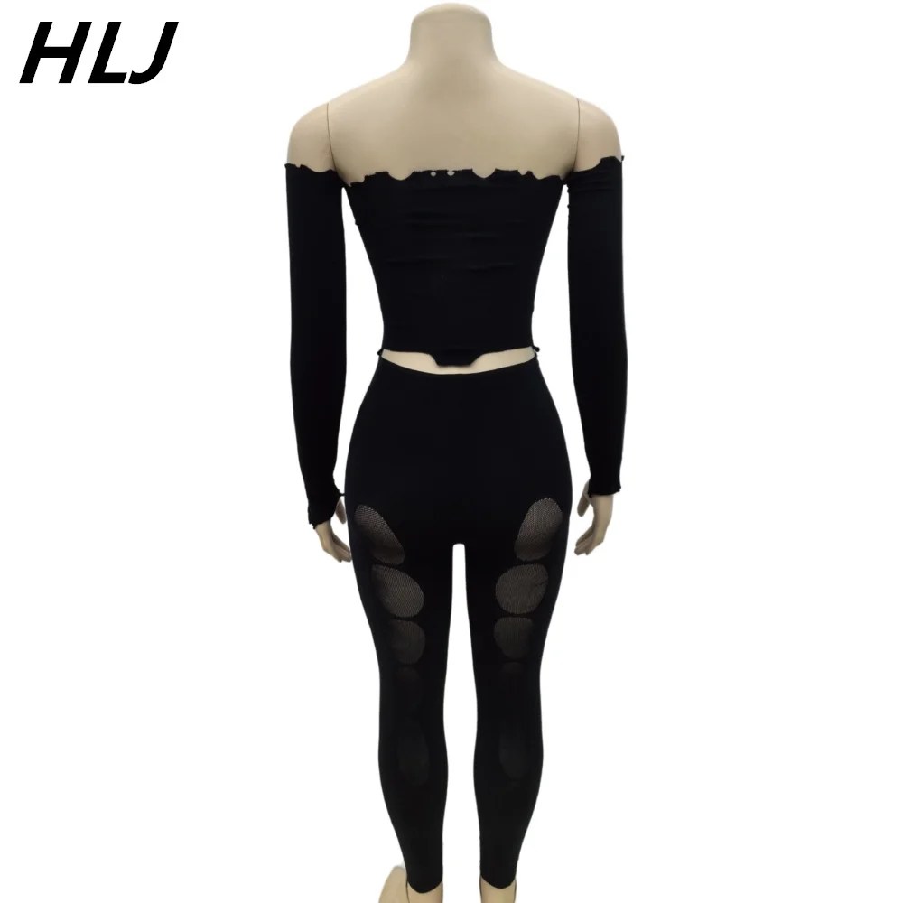 HLJ Sexy Lace Perspective Hollow Bodycon 2 Piece Sets Outfit Women Off Shoulder Long Sleeves Top and Hole Skinny Pants Outfits