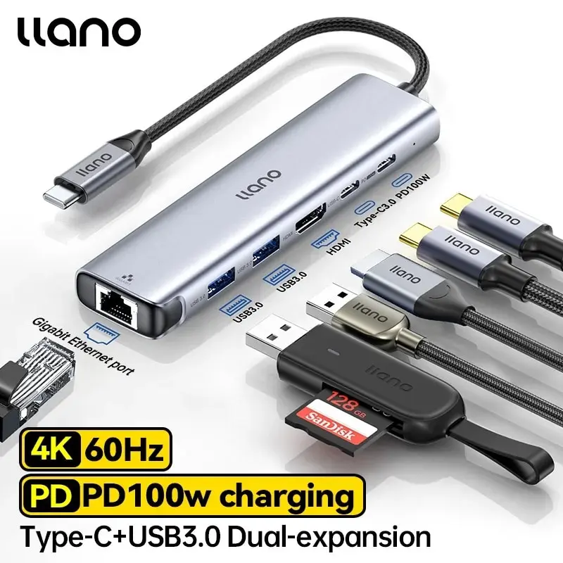 Llano USB-C 허브, USB C 도킹 스테이션, 4K 60Hz HDMI, 100W PD 충전, 1000Mbps LAN, USB-C 및 USB-A, 5Gbps 데이터 포트, 6 in 1