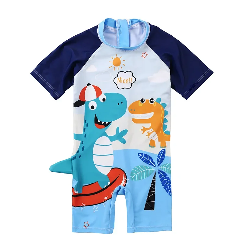 Children\'s One-piece Swimsuit 2-8 Year Old Baby Boys Cartoon Dinosaur Print Swimwear with Hat Toddlers Diving Suit Rashguard