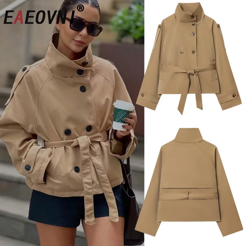 

EAEOVNI модное женское пальто цвета хаки с воротником-стойкой и пуговицами, пояс со сборками на талии, верхняя одежда с длинными рукавами, винтажное новое пальто