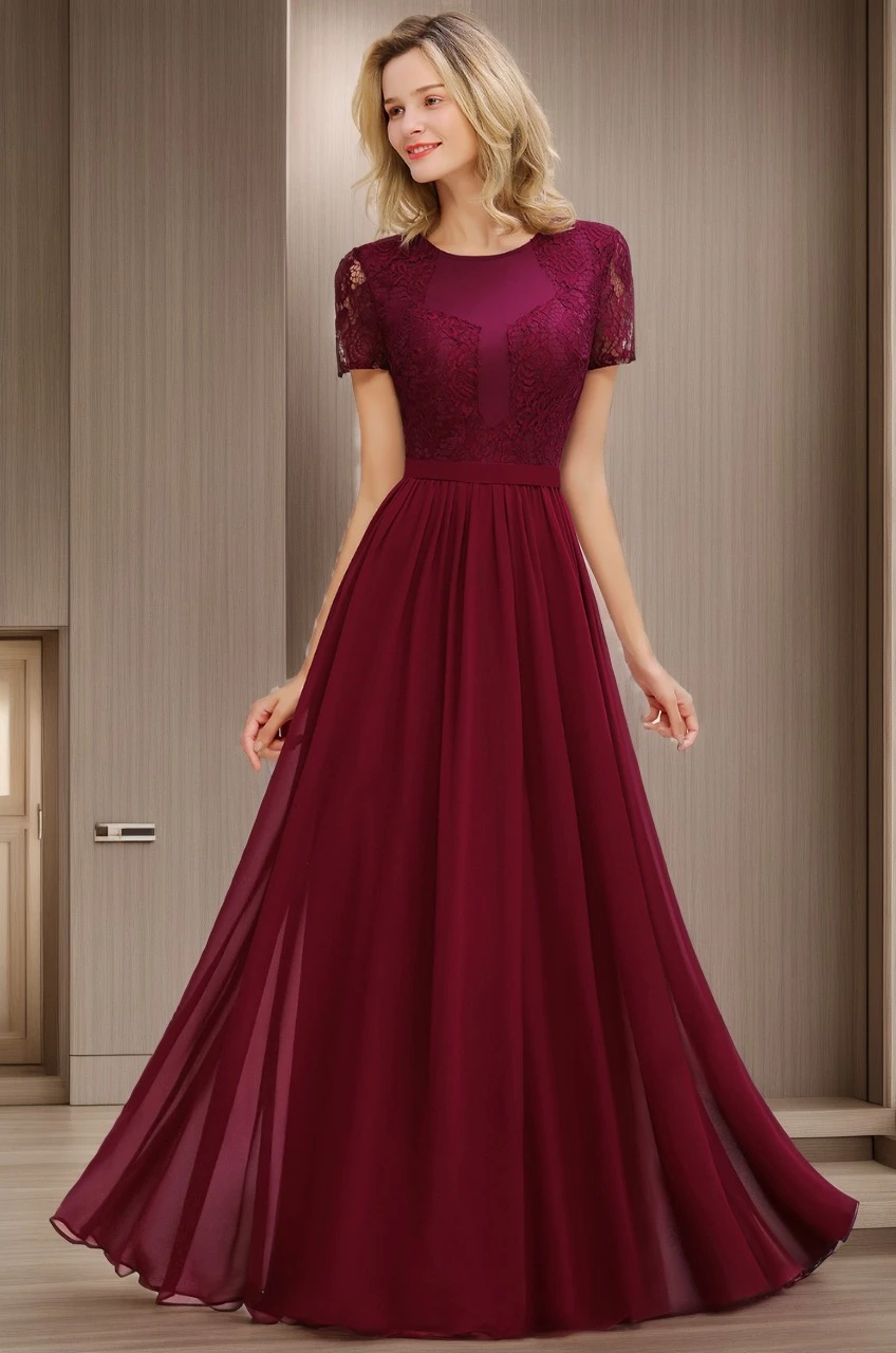 

Women's Summer Long Dresses Floral Lace Short Sleeve O-Neck Sashes Prom Dresses Pleated Empire Chiffon A-Line Maxi Party Gowns