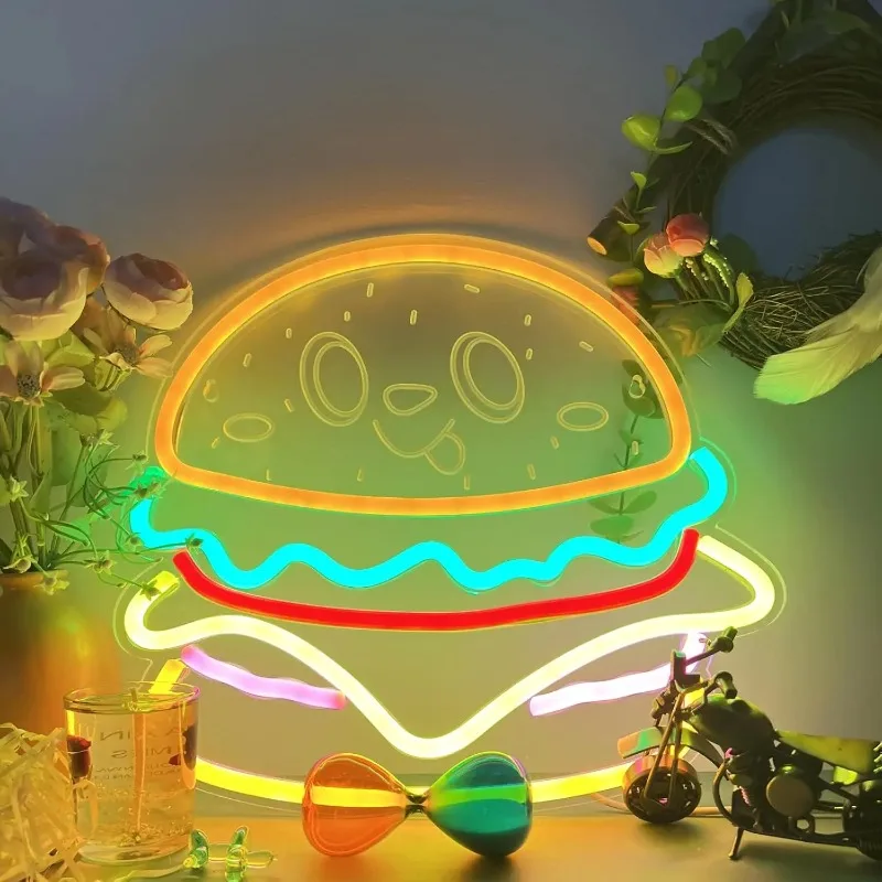 Hamburger Neon Sign Smiling Face LED Neon Light Wall Decor for Store Home Fast Food Restauran Burger Shop Bar USB Powered