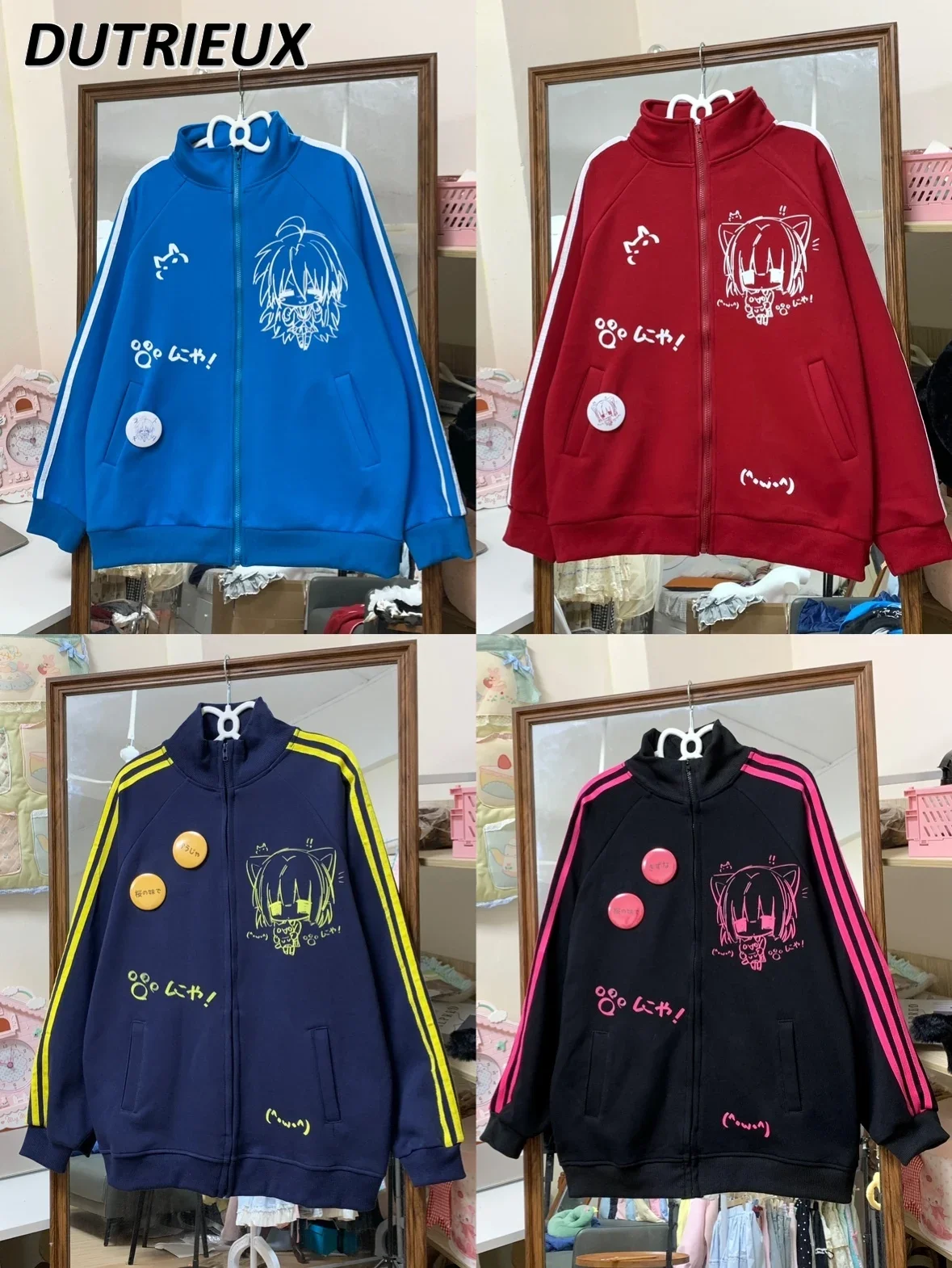 Japanese Original Stand-up Collar Loose Sweatshirt Jacket Autumn New Sweet Cute Girl Versatile Cartoon Printed Zipper Hoodies