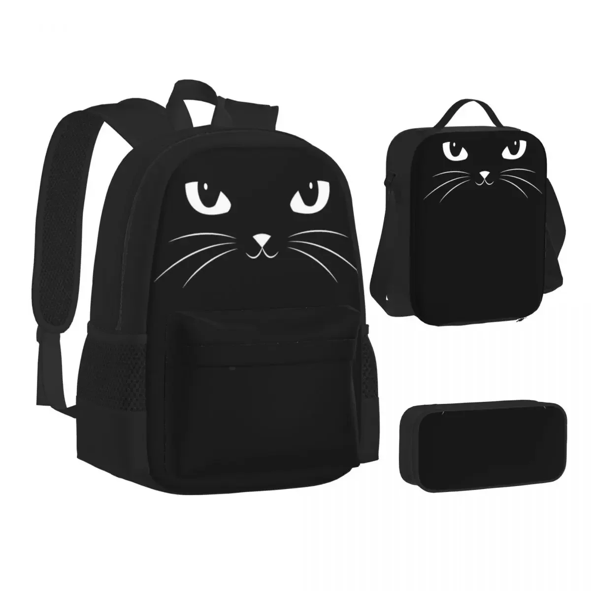 Cute Black Cat Backpacks Boys Girls Bookbag Students School Bags Cartoon Kids Rucksack Lunch Bag Pen Bag Three-Piece Set