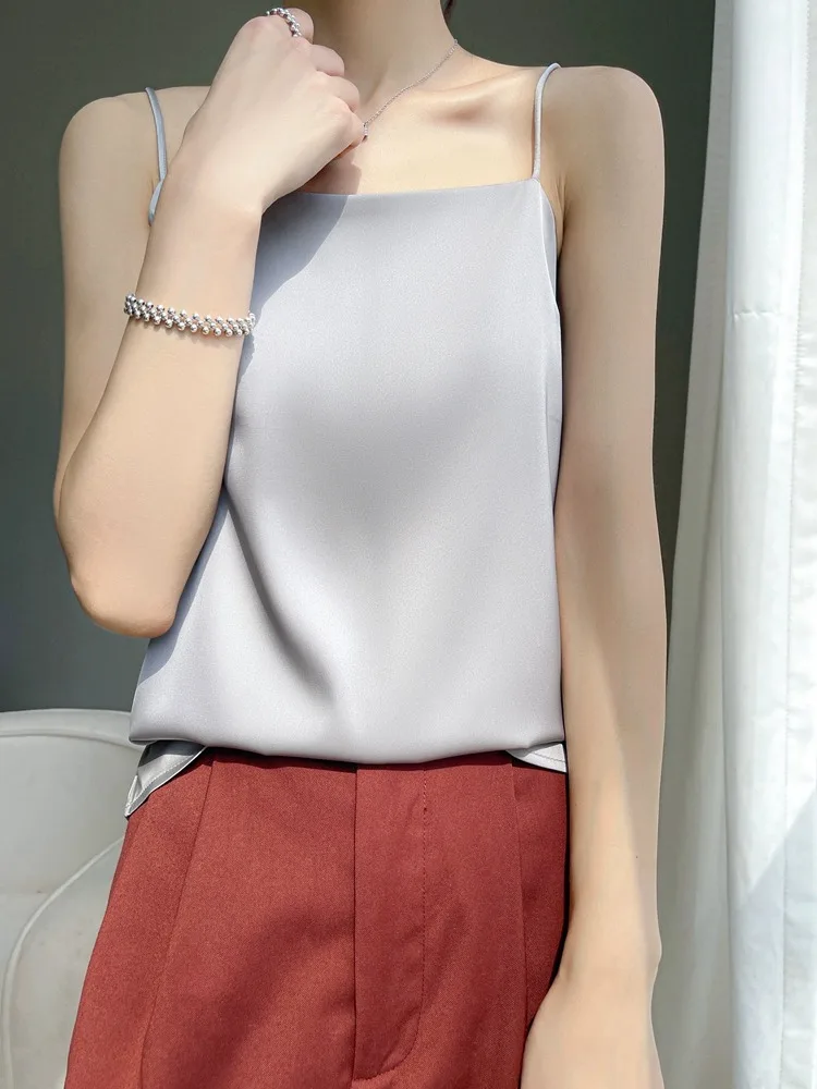 

Silk Strapl Tank Top Women Sexy Strap Chest One oulder Suit Inner Wear Base irt Satin Silk Svel Top