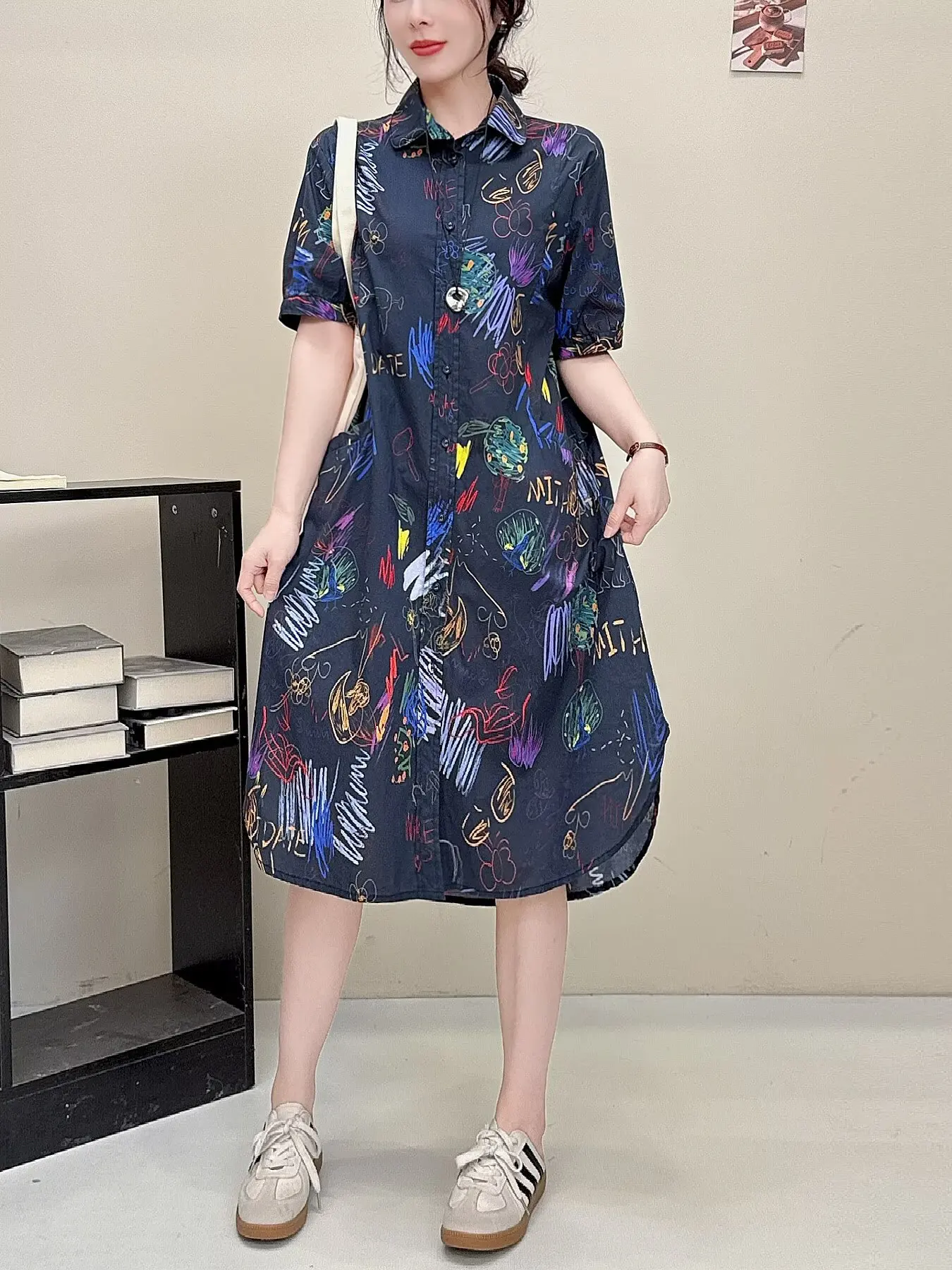 100% Cotton women dresses summer Japan harajuku fashion short sleeve black white cartoon graffiti printed shirts dress view 3