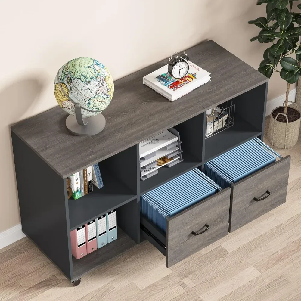 

2 Drawers Lateral File Cabinets, Home Office Mobile Wood Filing Cabinet Printer Stand with Wheels and Open Storage Shelves