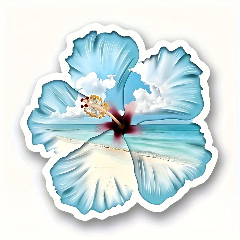 

Waterproof PVC Hibiscus Flower Beach Scene Decal for Motorcycles And Cars, Creative Cartoon Style Adhesive Decoration