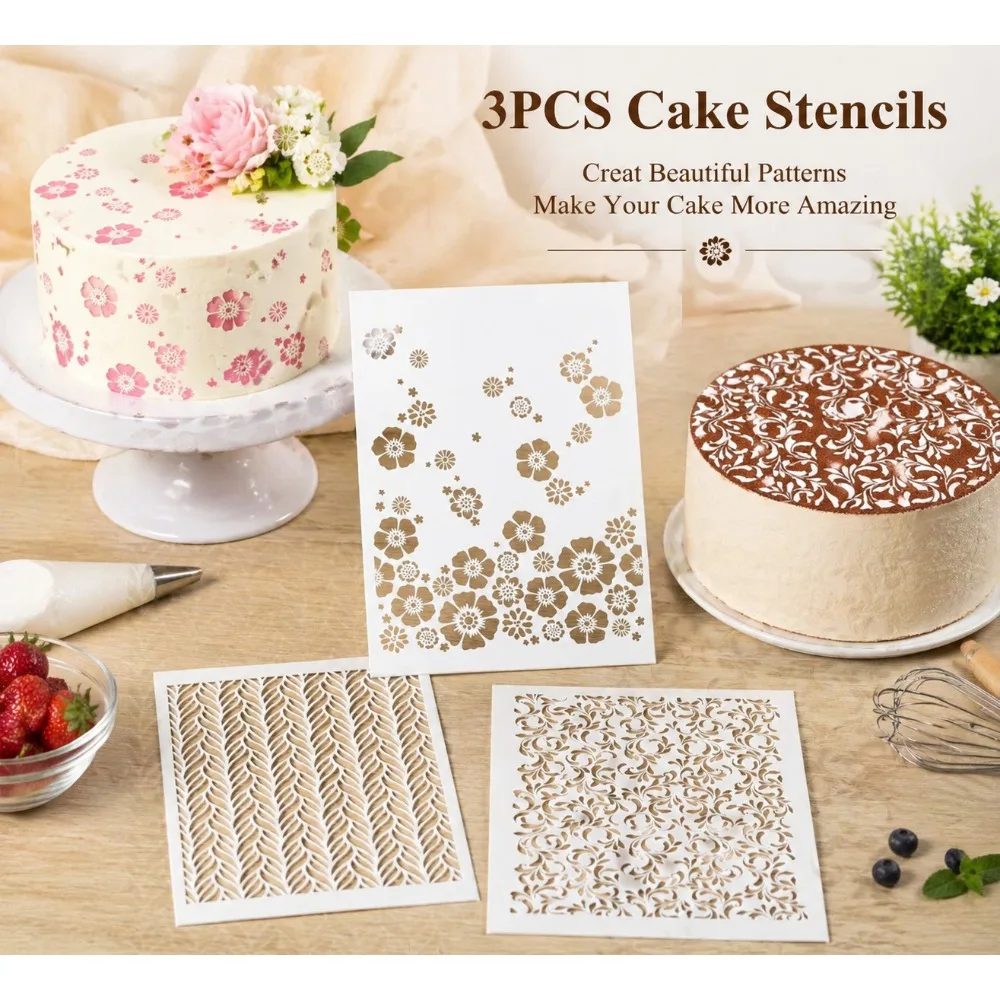 Juego de 3 Plantillas para Pastel con Diseño de Margaritas y Hojas de Vid, Molde Decorativo de PET de Grado Alimenticio para Fondant, Repostería y Arte DIY