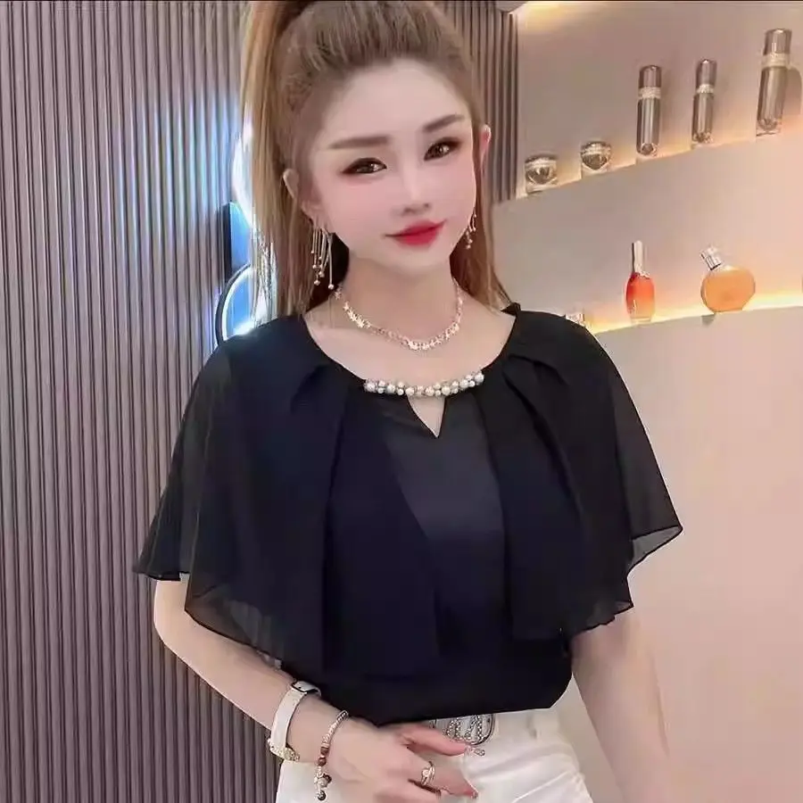 Faionable con cuentas redondas Ne Batwing Sve irt mujer novedad de verano Sle transpirable fino Faionable ort Sve Top