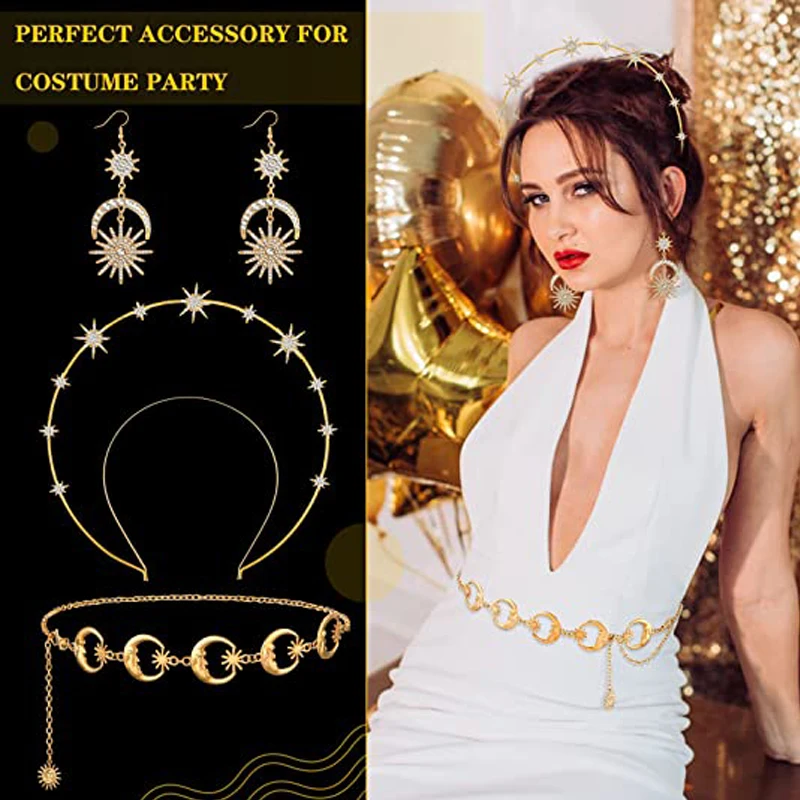 3 Pieces Halo Crown Earrings for Women Belt Chain Set Stars Crown Drop Earrings Moon Star Body Chain Belt