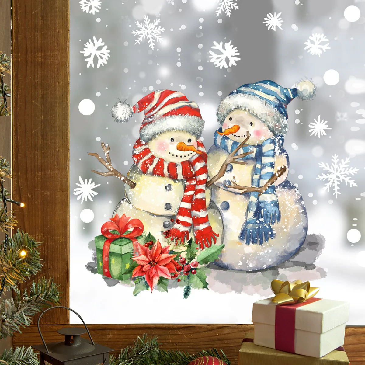 30*30cm Cartoon Couple Snowman Window Sticker Double Sided Visual Glass Sticker Christmas Valentine's Day Wall Sticker Ct6049