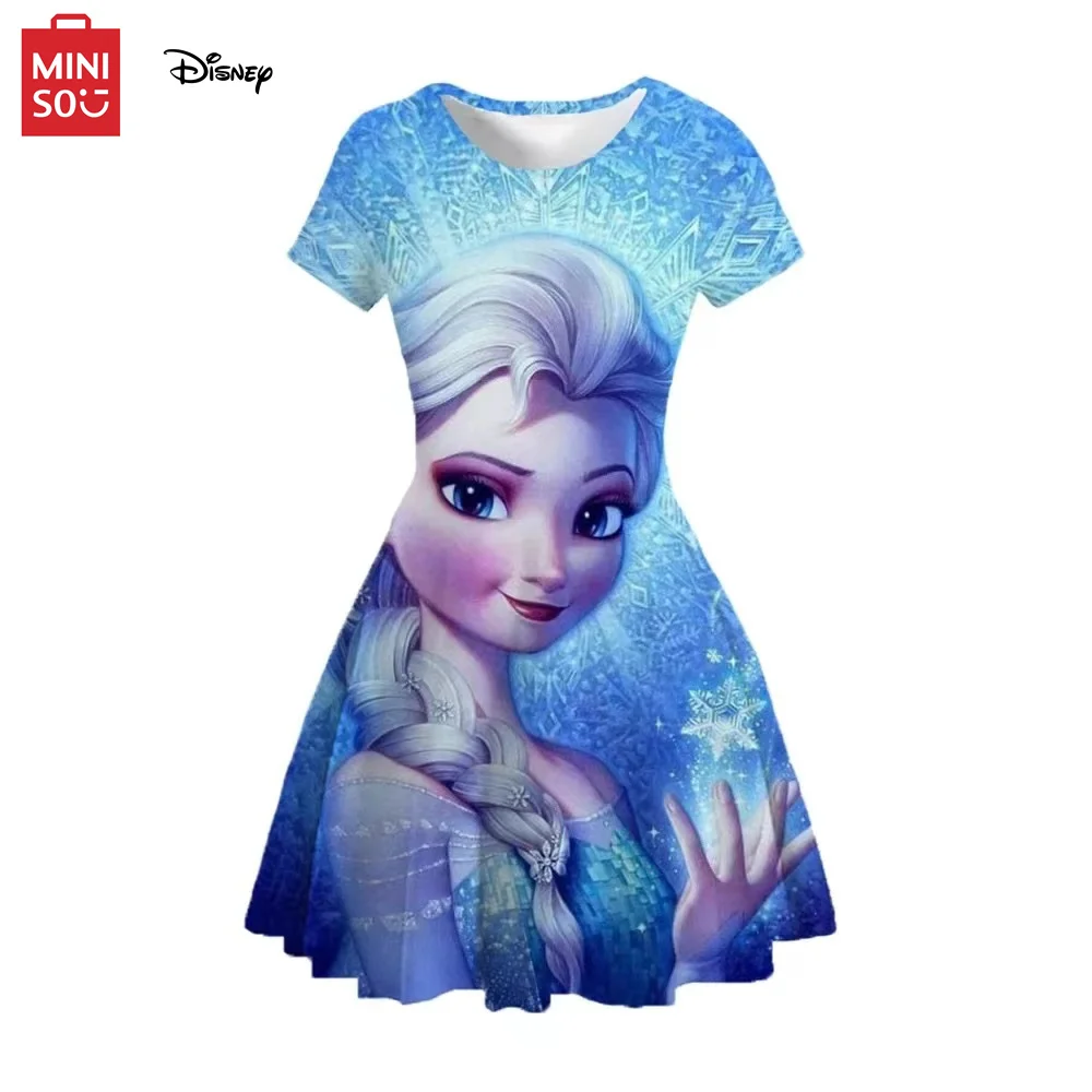 Disney Girls' Short Sleeve Dresses Ice Princess Elsa Printed Dresses Summer Street Girls' A-line Dresses 2~15y Kids' Anime Dress