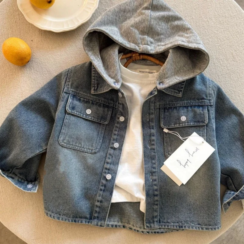 

1-8Y Boys Denim Jackets Coat for Children's Fashion Clothing Baby Kids Girls Blue Single-breasted Letter Hooded Tops Outwear