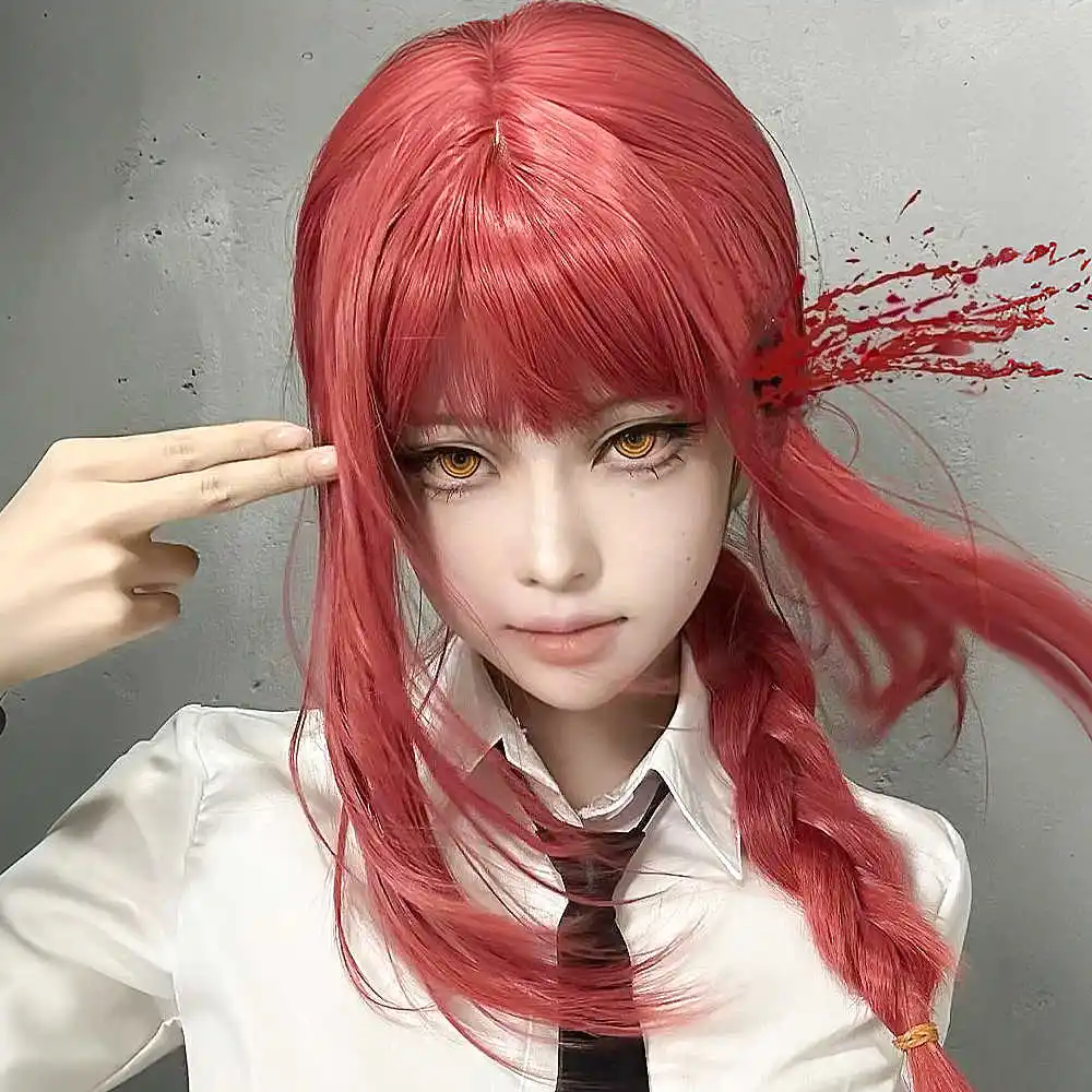 Perruque de Cosplay Anime Makima, 70cm de Long, Tressée Rose Rouge, Degré de Chaleur, Cheveux Synthétiques, Perruques Cuir oral elu, ixd'Halloween, Chaud