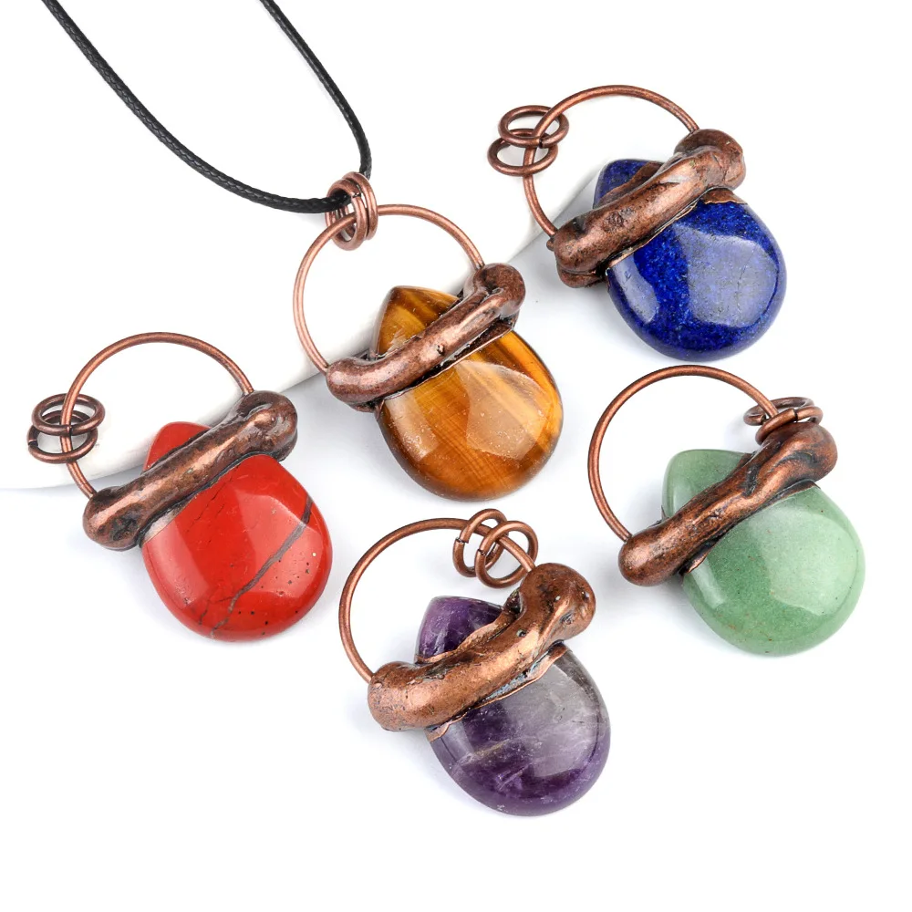 Vintage Copper Wire Wrapped Pendant Necklace, Mixed Gemstone Teardrop Healing Necklace for Women