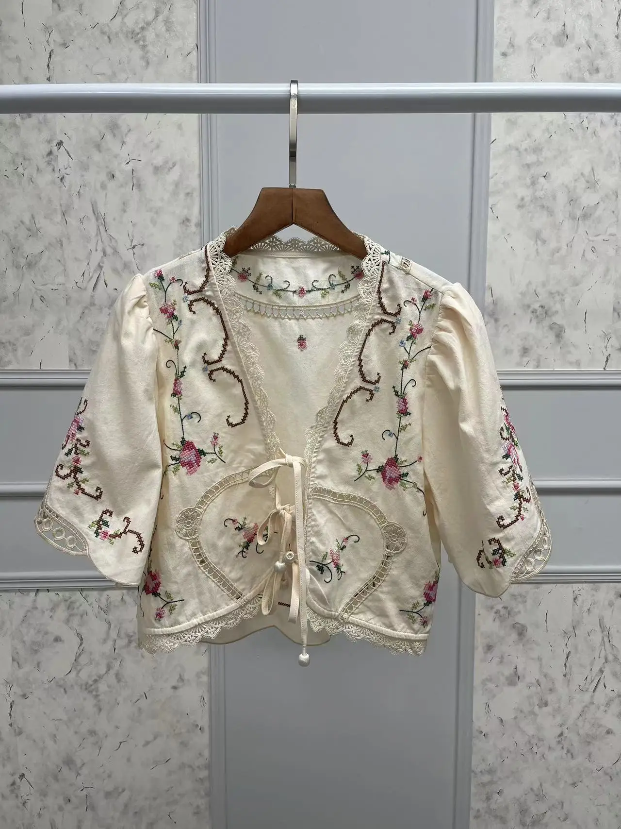 Retro Floral Embroidery Women Short Blouse Lace-Up V-Neck Hollow Out Sweet Fashion Autumn 2024 Lady Cotton Linen Blend Shirt