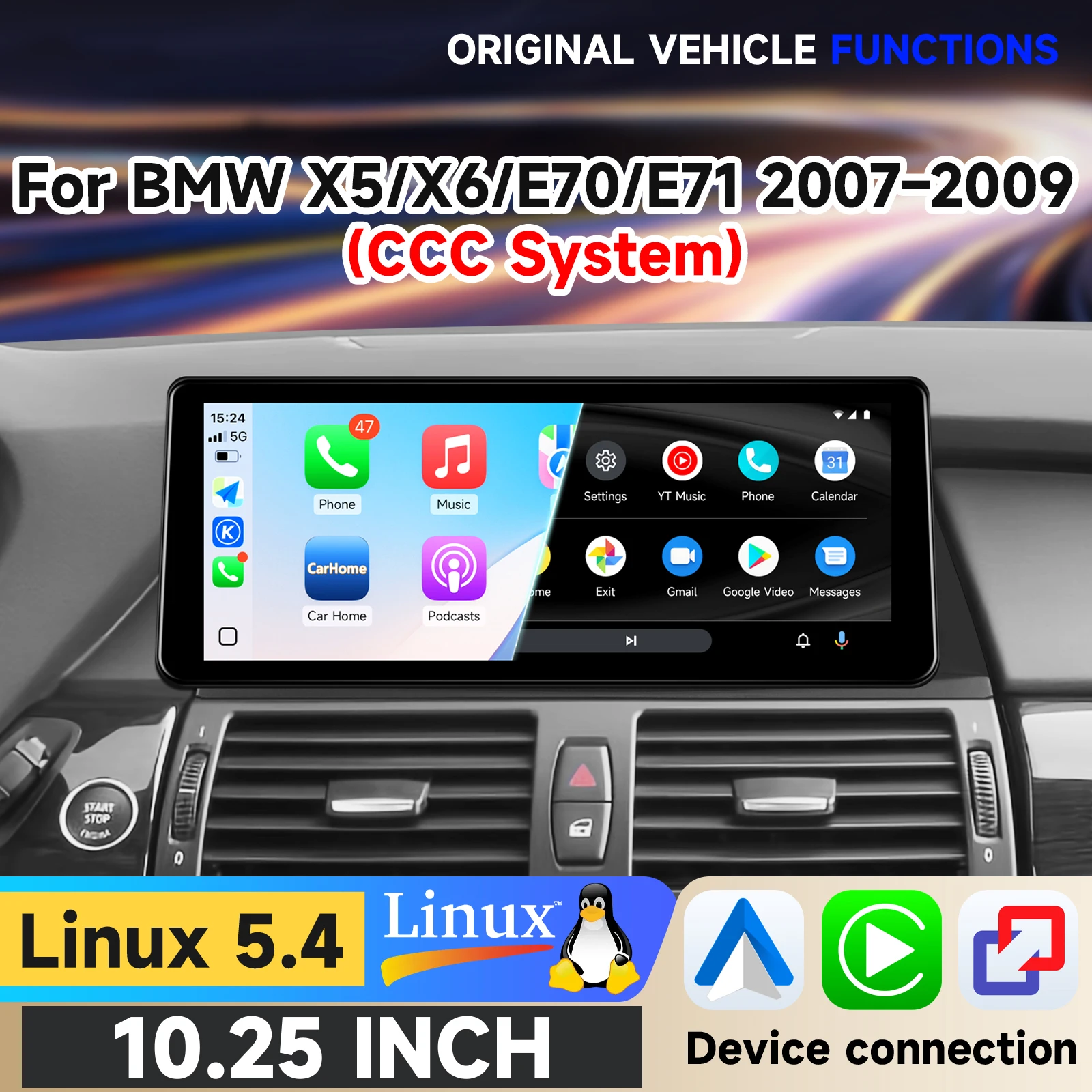 Hizpo Linux 5.4 System 12,3'' Auto-Multimedia-Player für BMW X5/X6/E70/E71 2007-2009 CCC Intelligentes System Touch-Display Airplay Autoradio-Player Stereo GPS-Navigation Audio Original Auto-CD-Player