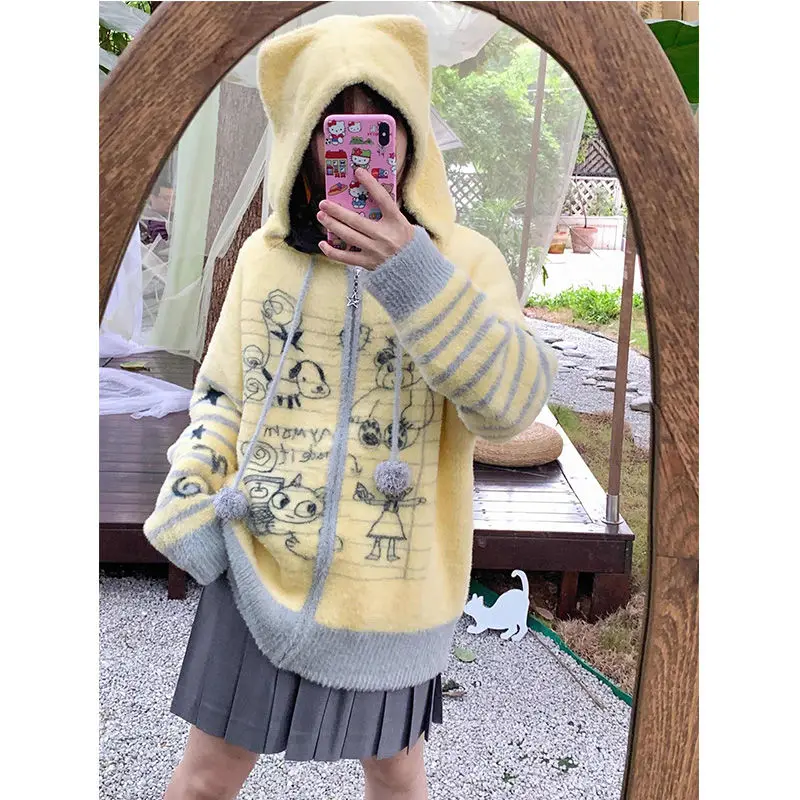 Onaliipa American Retro Sweet Style Graffiti Printed Sweater Autumn Winter Design Fashion Loose Slimming Hooded Knitted Top