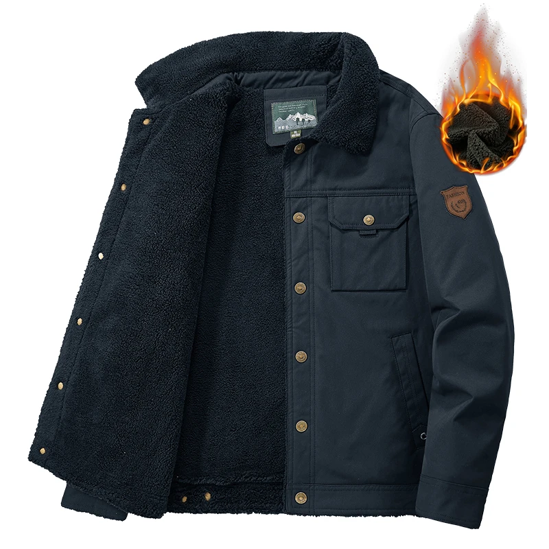 

Winter Men Parkas Vintage Thick Fleece-lined Warm Wool Collar Parka Men's Outdoor Cargo Jacket Classic Cotton-padded Coat