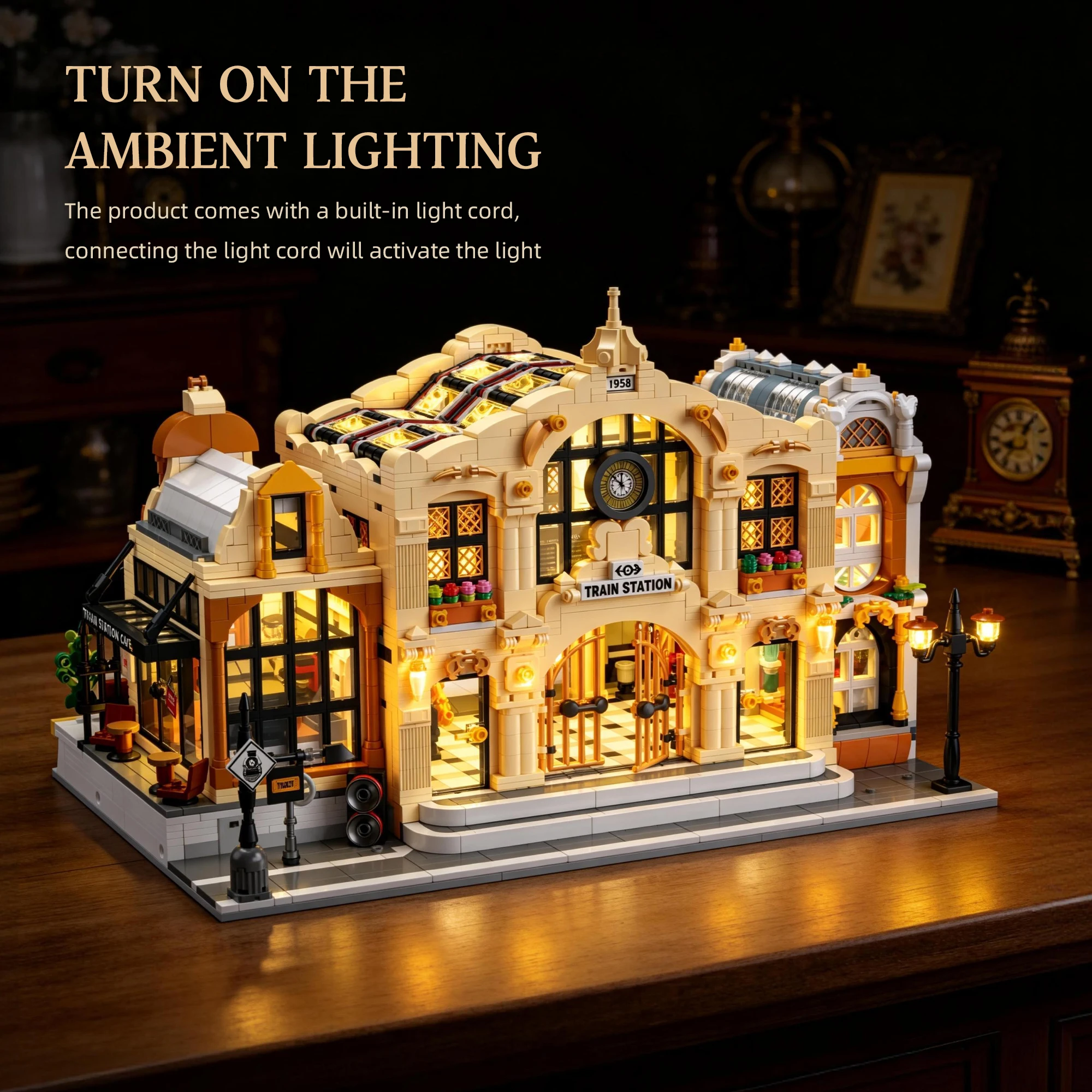 

Miniature Train Station Model Building Blocks with Lighting Components for Desktop Collection Architectural Toy Gifts for Adults