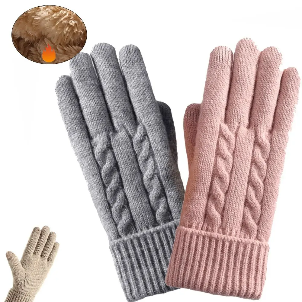 New Lamb Velvet Winter Gloves Double Layer Cable Knit Thermal Gloves Fleece Lined Touchscreen Gloves for Men Women