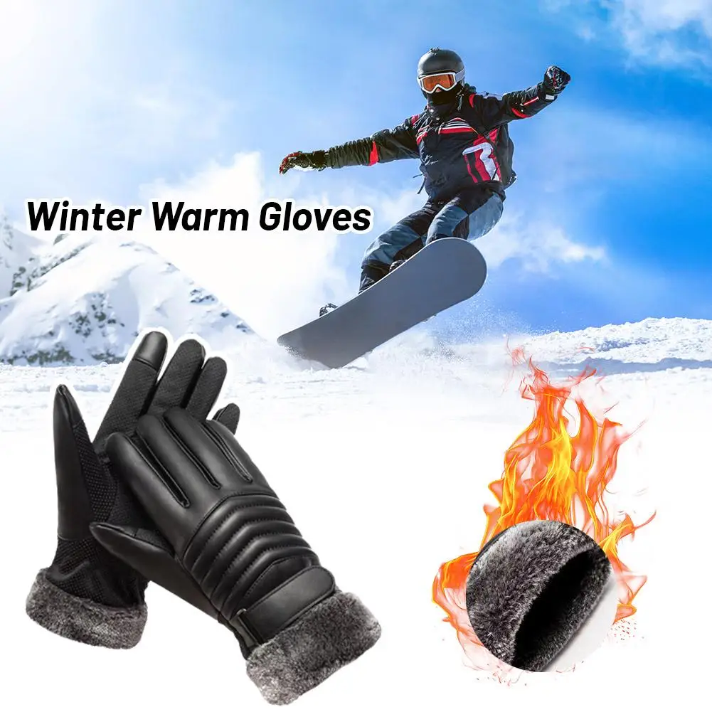 Winter Warm Black PU Gloves MEN'S Fur Mouth Plush Insulation Mittens Male Outdoor Cycling Motorcycle Touch Screen Cotton Gloves