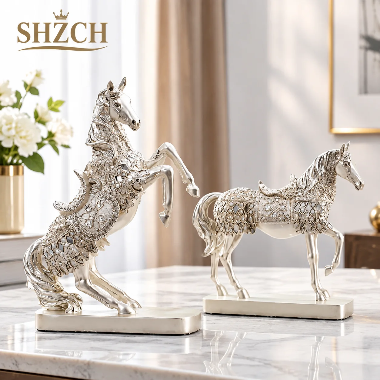 European Style Home Decoration Vintage Silver Horse Statuette Furniture Living Room Desktop Gadget Crafts Christmas Gift