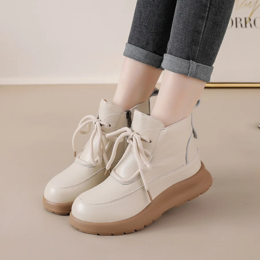 New real cow leather boots women\'s winter waterproof plush shoes ladies lace up flats furry ankle boots woman warm snow shoes