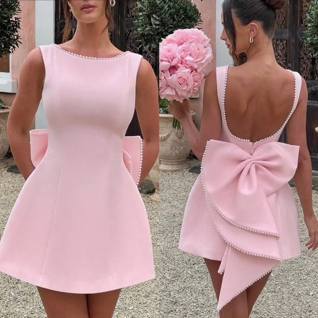 

HLJ Sexy Pearls Patchwork Bodycon Mini Dresses Women Sleeveless Backless Bow A-line Dress Female Party Clubwear Vestidos 2025