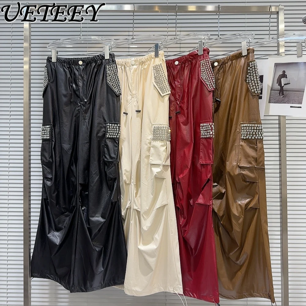 Spring New Street Cool Rhinestone Beaded Drawstring Design Trousers Heavy Industry Elastic Waist Loose PU Leather Pants Overalls