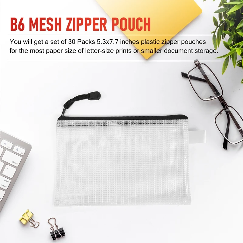 30Pcs B6 Mesh Zipper Pouch 5.3X7.7Inch,Waterproof Zip Bag For School Office Supplies, Puzzles & Games Organizing Storage