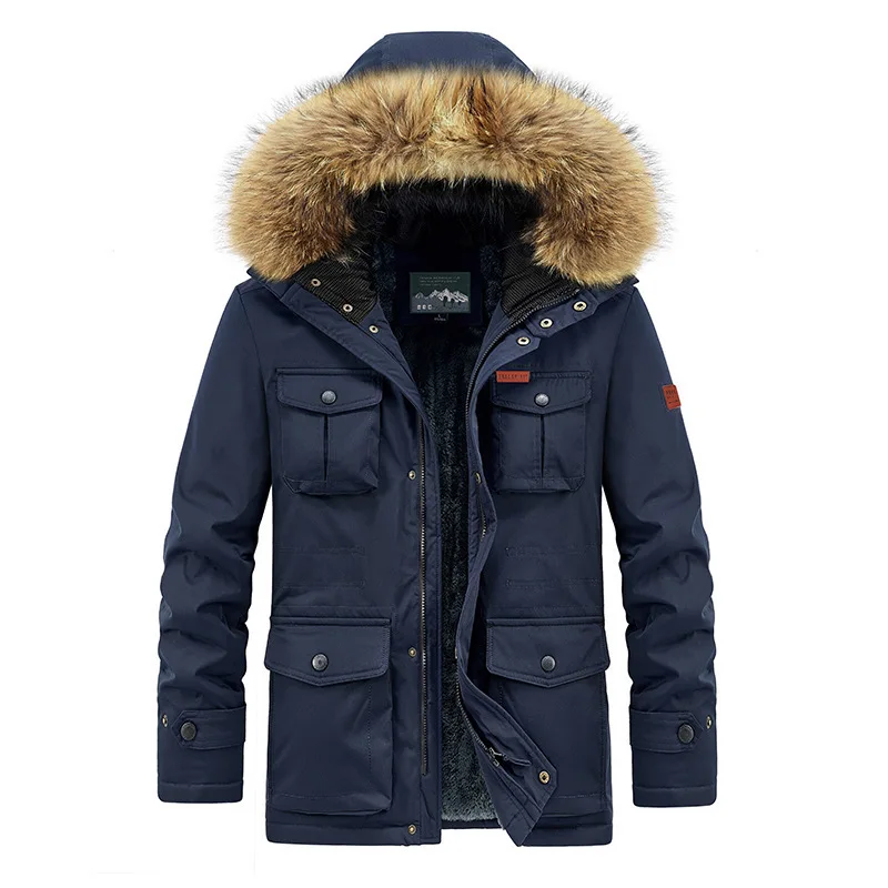 Men's Winter Fleece Cotton-Padded Jacket Mid-Length Hooded Casual Thick Warm Coat Youth Outerwear