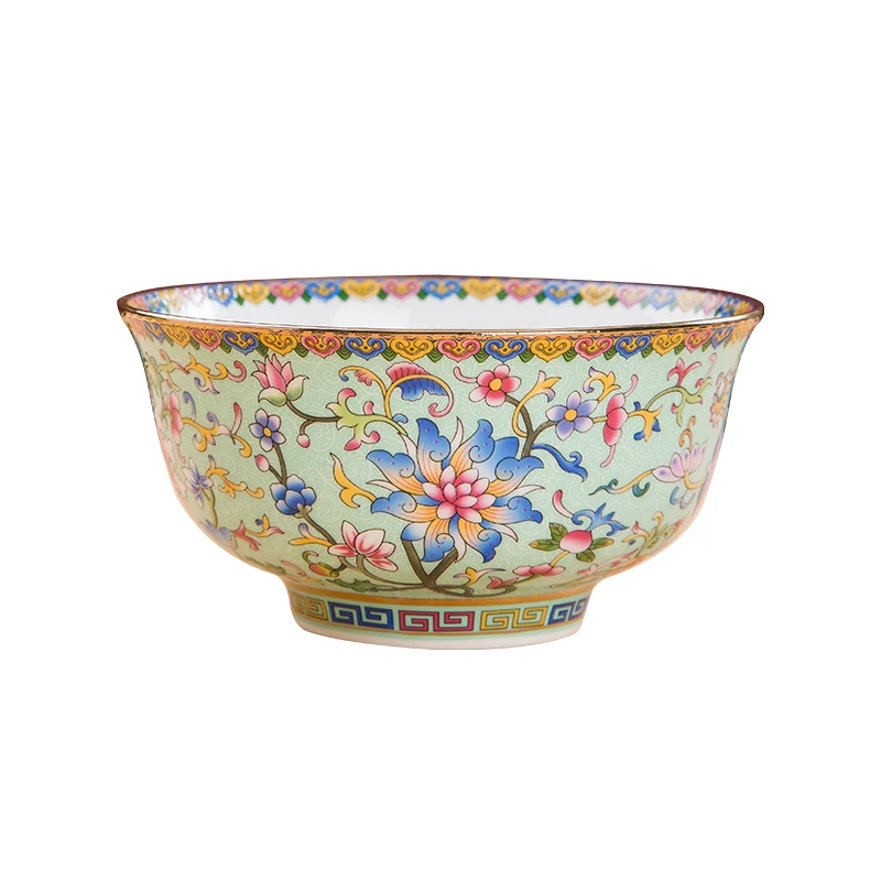 Gold Painting Pastel Rolling Porcelain Enamel Color Golden Bell Rice Bowl Household Single High Foot Anti-Scald Chinese Court