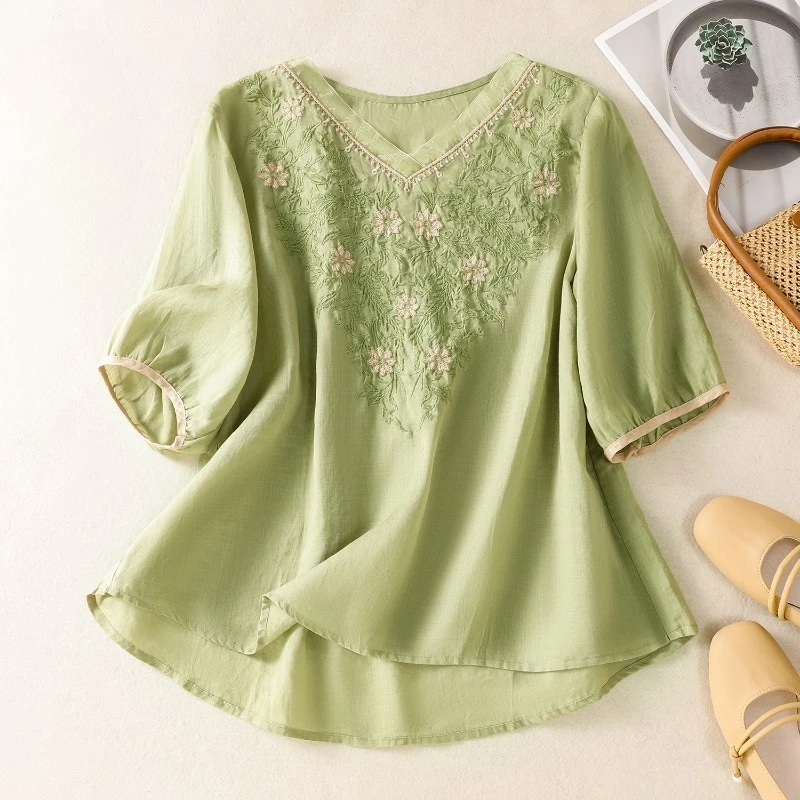 Chinesischen Stil frauen Blusen Stickerei Vintage Shirts Mode Lose Sommer Kleidung Kurzarm Baumwolle Leinen Frauen Tops