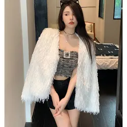 AutumnFaux Fox Fur Woman Coat Fashion Winter Feather Tassel Cardigan Fleece Short Jacket Coat Sexy Party Club Outfit Overcoat