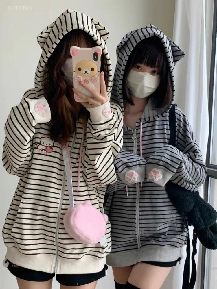 Японские повседневные полосатые толстовки с кошачьими ушками, женские Y2k, эстетичная кавайная свободная толстовка с вышивкой, толстовка на молнии в стиле гранж с героями мультфильмов, Kawaii