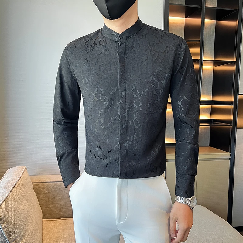

British Style Jacquard Stand Up Collar Men's Shirt High Quality Slim Fit Casual Shirt Business Office Social Dress Shirts 2025
